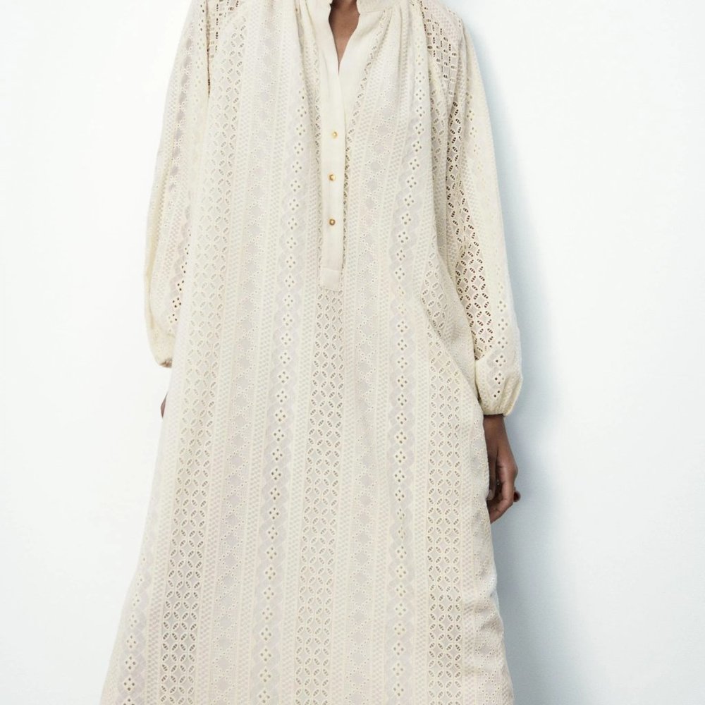 NWT ZARA OFF WHITE EMBROIDERY MAXI DRESS M